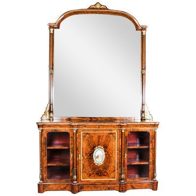 Antique Victorian Burr Walnut Sevres Plaque Mirror Back Credenza Cabinet 19th C