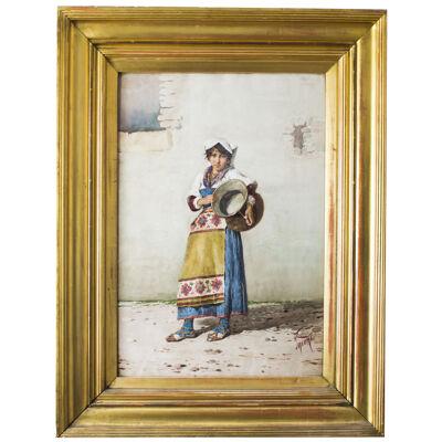 Antique Watercolour 'Water Carrier' F Indoni c.1890