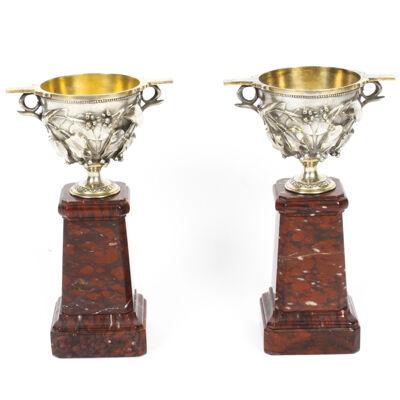 Antique Pair French Grand Tour Silvered Bronze Pedestal Urns C1860 19th C