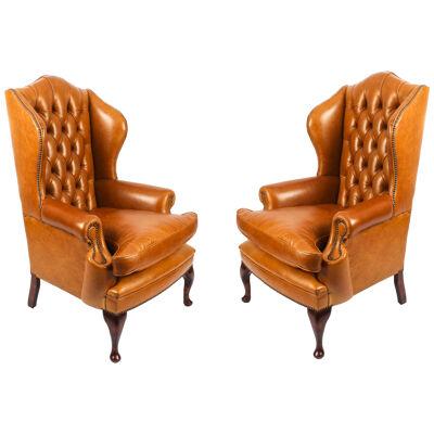 Bespoke Pair Leather Queen Anne Wingback Armchairs Bruciato