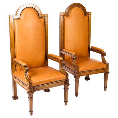 Antique Pair of Victorian Oak & Leather High Back Throne Chairs Ca 1870 19th C