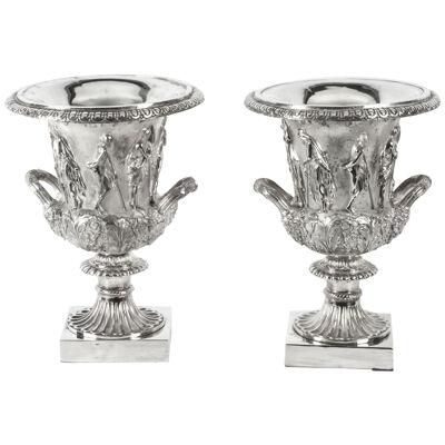 Antique Pair Silver Plated Grand Tour Borghese Bronze Campana Urns 19th C