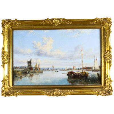 Antique Dutch Waterscape Oil Painting Circle of Pieter Cornelis Dommersen 19thC