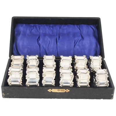 Rare Vintage Cased Set of Twelve Sterling Silver Napkin Rings Mid 20th C