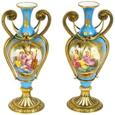 Antique Pair French Ormolu Mounted Bleu Celeste Sevres Vases 19th C