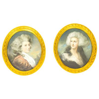 Antique Pair French Pastel & Gouache Portraits Mid 19th Century