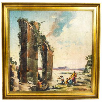 Vintage Palladian Oil Painting Classical Roman Ruins 20th Century