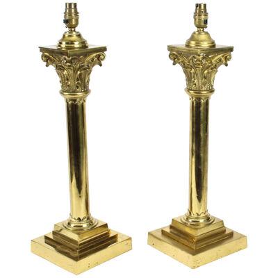 Antique Pair Victorian Brass Corinthian Column Table Lamps 19th C