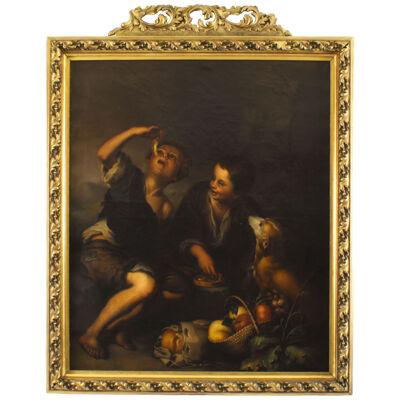 Antique Painting Grape and Melon Eaters After Bartolome' Murillo 18th C