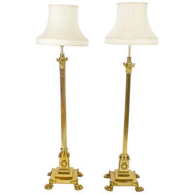Antique Pair Victorian Brass Corinthian Column Adjustable Standard Lamps 19th C