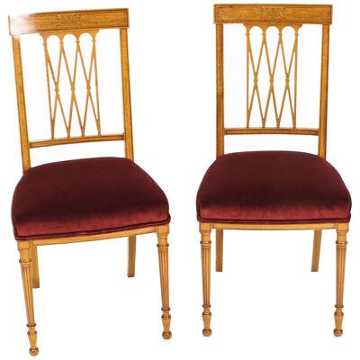 Antique Pair Satinwood Sheraton Revival Side Chairs by Maple & Co C1870 19th C