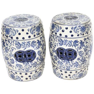 Vintage Pair Japanese Blue & White Ceramic Garden Seats 20th Century