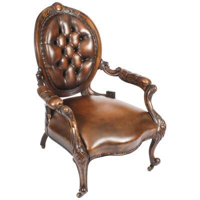 Antique Victorian Leather Spooback Armchair 19th Century