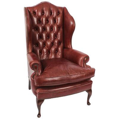 Bespoke Leather Queen Anne Wingback Armchair Chestnut