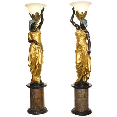 Vintage Pair Monumental Gilded Bronze Lamps on Marble Bases 20th Century