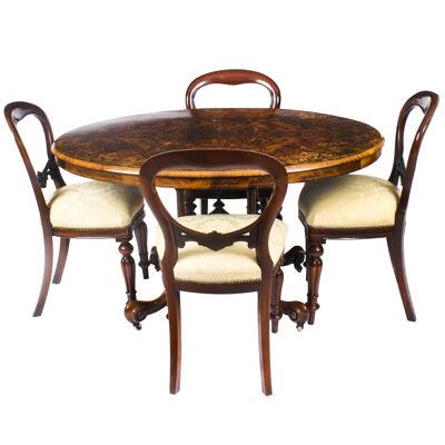 Antique Victorian Burr Walnut Oval Loo Table 19th C & set 4 Chairs