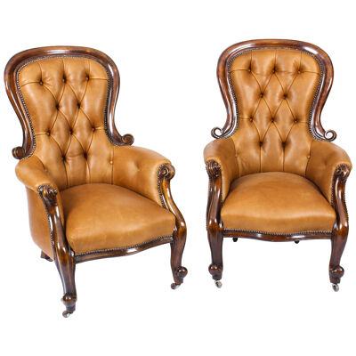 Antique Pair English Victorian Mahogany Spoonback Leather Armchairs 19th C