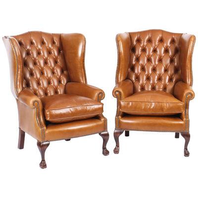 Bespoke Chippendale Armchairs - Chestnut Leather Wingback Style