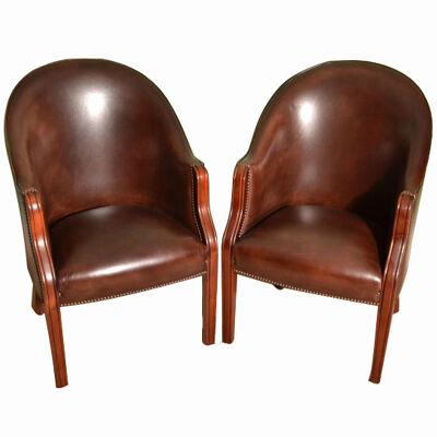 Bespoke Pair English Handmade Leather Desk Chairs Tobacco
