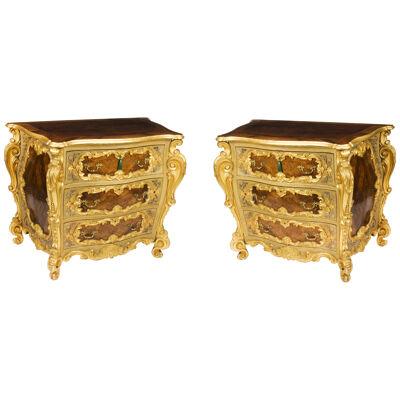 Antique Pair Venetian Walnut and Giltwood Commodes Chests 19th C
