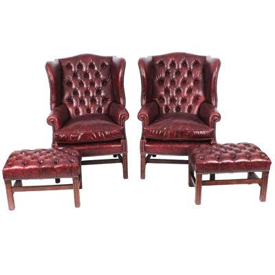 Bespoke Pair Leather Wingback Armchairs & Pair Stools Murano Port 20th C