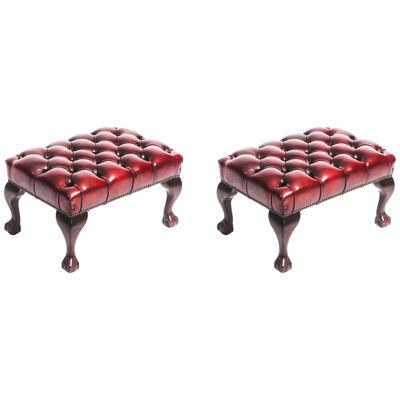 Bespoke Pair Chippendale Ball & Claw Leather Stool Emerald Ruby Red