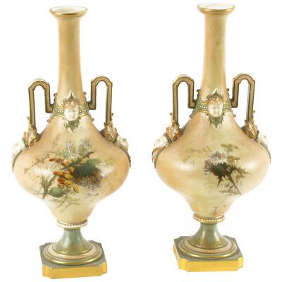 Antique Pair Royal Worcester Porcelain Two Handled Pedestal Ovoid Vases 19th C