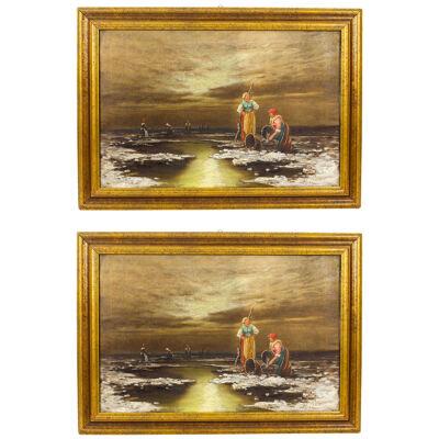 Antique Pair Paintings 'Sea View of Britanny' L Biro 20th Century C1920