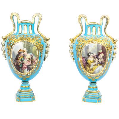 Antique Pair of French Sevres Porcelain Bleu Celeste Vases 18th Century