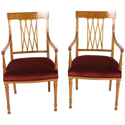 Antique Pair Sheraton Revival Satinwood Armchairs by Maple & Co C1870 19th C