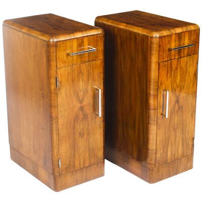 Antique Pair Art Deco Figured Walnut Bedside Cabinets 1920