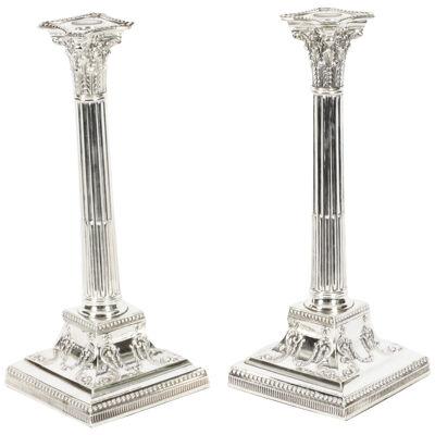 Antique Victorian Pair Neo-classical Silver Plated Candlesticks Late 19th C