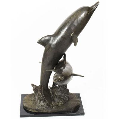 Vintage Bronze Statue of Dolphins Riding the Waves Late 20th C