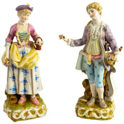 Pair Dresden Style Hand Painted Porcelain Figures late 20th Century