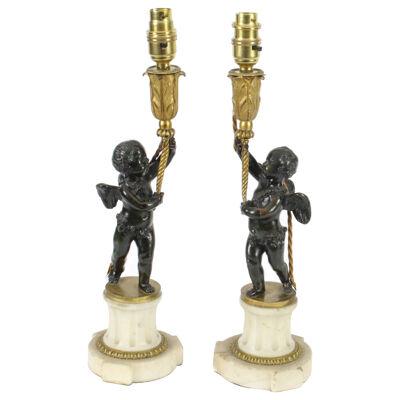 Antique Pair French Ormolu & Patinated Bronze Cherub Table Lamps 19th C