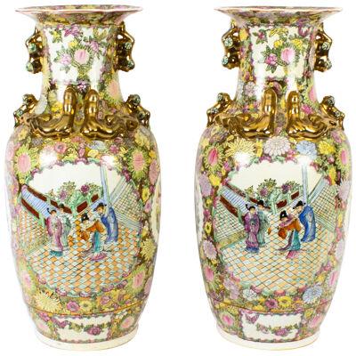 Vintage Pair Qing Dynasty Style Canton Famille Rose Chinese Vases 20th C