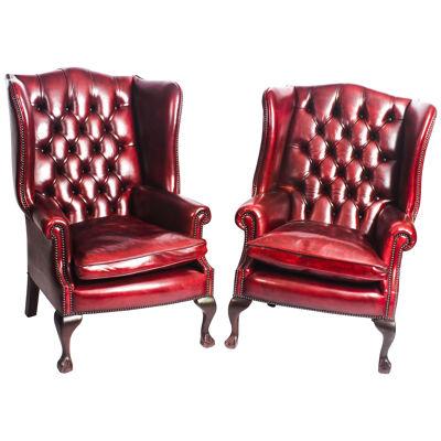 Bespoke Pair Leather Chippendale Wingback Armchairs Crimson