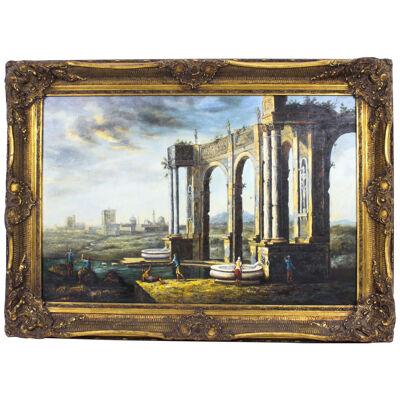 Vintage Oil Painting of Roman Temple Ruins Mid 20th C