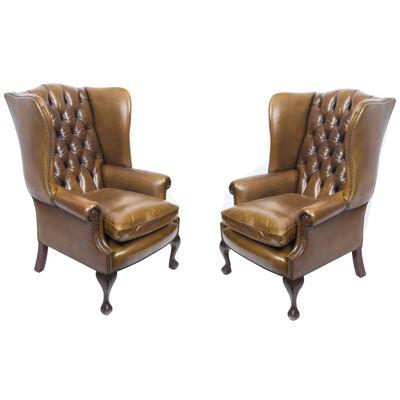 Bespoke Pair Leather Chippendale Wingback Armchairs Saddle