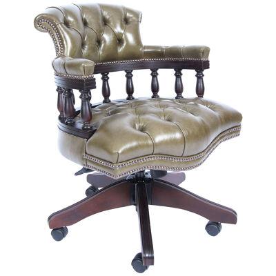 Bespoke English Hand Made Leather Captains Desk Chair Olive Green