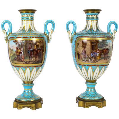 Antique Pair of French Bleu Celeste Porcelain Urns 19th Century