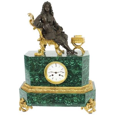 Antique Malachite Ormolu & Bronze Mantel Clock Silk Suspension Movement 19th C