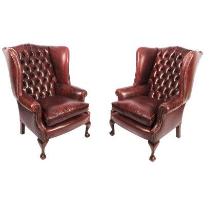 Bespoke Pair Leather Chippendale Wingback Armchairs Murano Port
