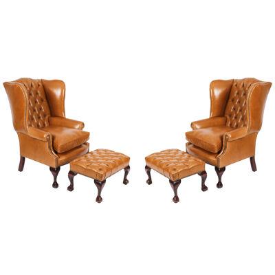 Bespoke Pair Leather Chippendale Wingback Armchairs & Pair Stools Bruciato
