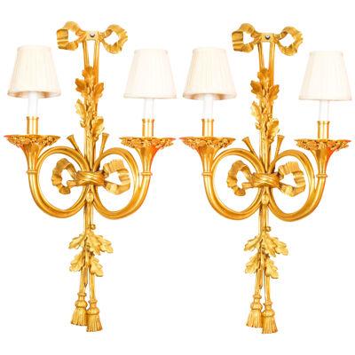 Antique Monumental Pair Ormolu Twin Branch Wall Lights Sconces 19th C