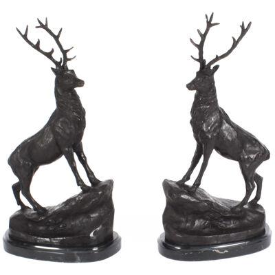 Vintage 17inch Pair of Bronze Stags Deer 20th C