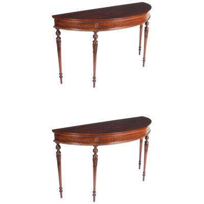 Antique Pair Edwardian Mahogany Demilune Console Side Tables 19th C