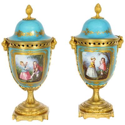 Antique Pair Bleu Celeste Sevres Porcelain Lidded Pot Pourri Vases 19th C