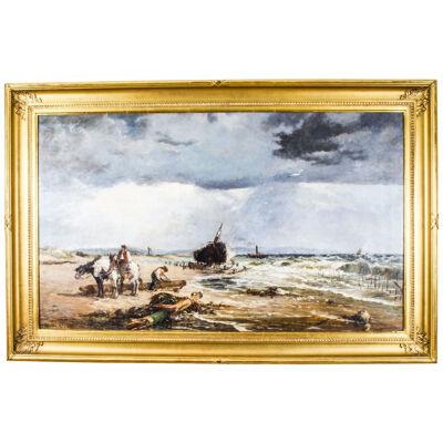 Antique Oil on Canvas Painting "Salvaging the Wreck" by Samuel Bird 19th Century