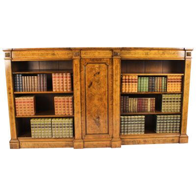 Antique Victorian Burr Walnut & Inlaid Breakfront Open Bookcase 19th C